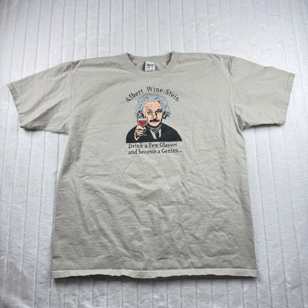 Vintage Y2K Albert Einstein "Wine-Stein" T-Shirt Men's XL Beige Funny Humor